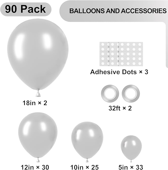 90pack Metallic Silver Balloons Different Size 18/12/10/5 Inch Chrome Silver Balloon Garland Arch Kit for Graduation, Wedding, Birthday, New Year, Baby Shower Decorations