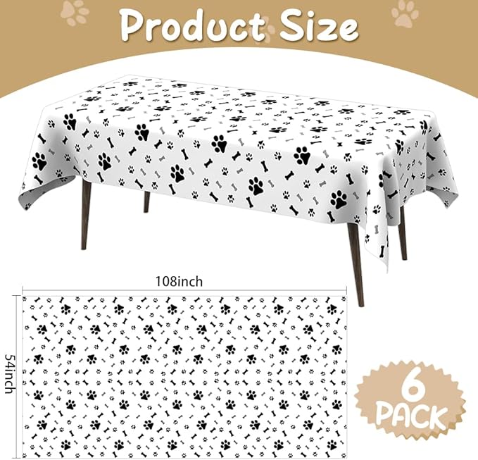 Dog Party Decorations, 6 Pack 54 x 108 Inches Paw Print Tablecloth, Disposable Plastic Rectangle Dog Table Cloth Cover Puppy Dog Themed Birthday Party Favors Decorations Supplies Pawty Table Decor