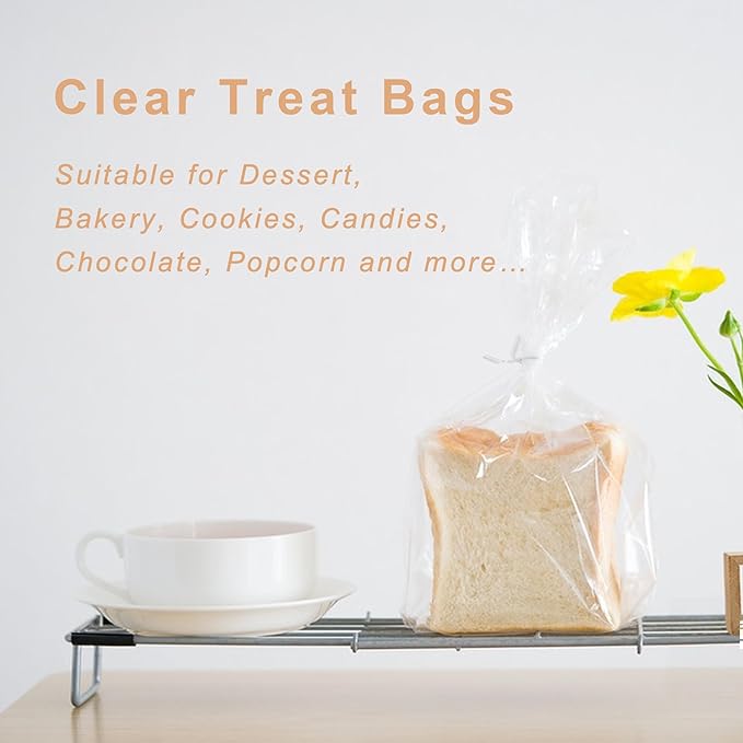 Aegero Cello Cellophane Treat Bags, 200 Pcs 8x10Inches Clear Cellophane Bags with 200 Twist Ties for Gift Wrapping,Packaging Candies,Dessert,Bakery,Party Favors
