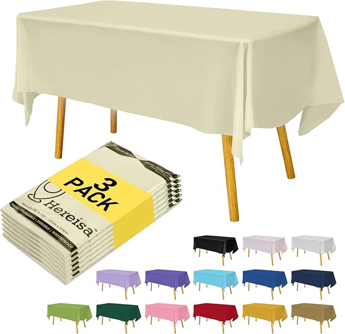 Plastic Ivory Tablecloths 3 Pack Cream Disposable Table Covers 54" x 108" Milky White Table Cloths for Bridal Shower Parties Picnic Engagements Weddings Birthdays, Fits 6 to 8 Foot Rectangle Tables