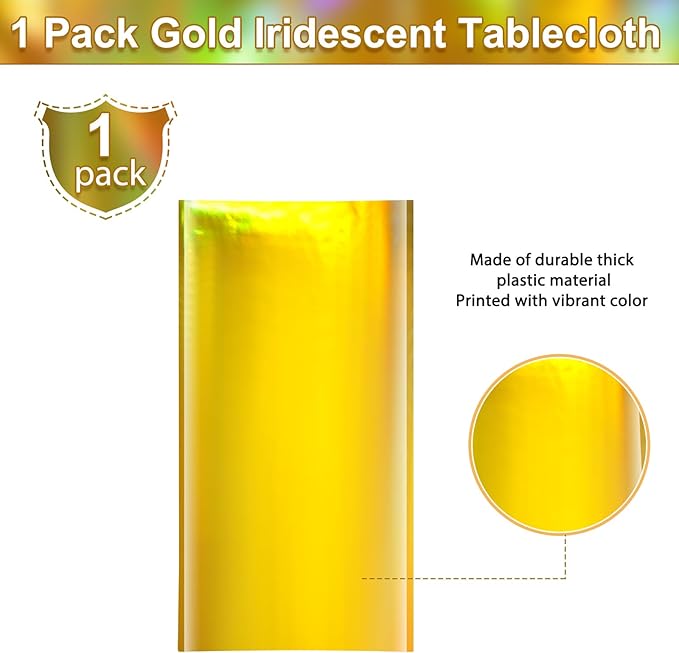 1 Pack Gold Iridescent Plastic Tablecloths Shiny Disposable Laser Rectangle Table Covers Holographic Foil Tablecloth Iridescent Party Decorations Birthday Bridal Wedding Christmas, 54 x 108 Inch