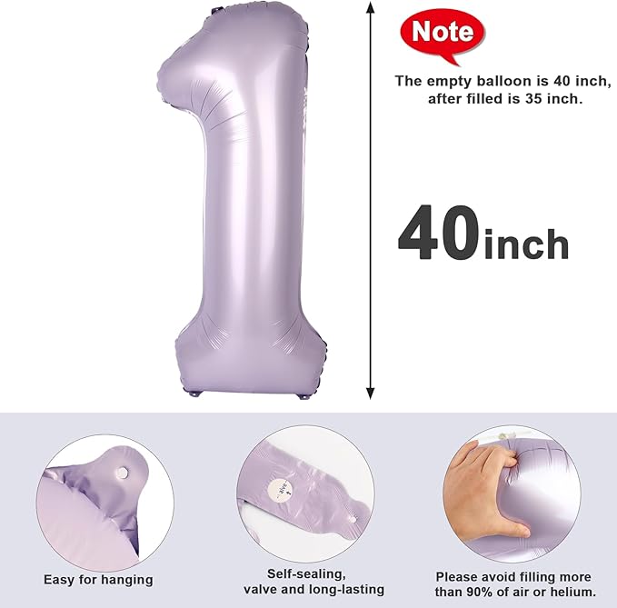 Number Balloons 1, 40 Inch One Balloons for 1st Birthday Girl Boy 1 11 21 Party Decorations Baby Shower Photo Shoot, Cream Purple 1 Balloon