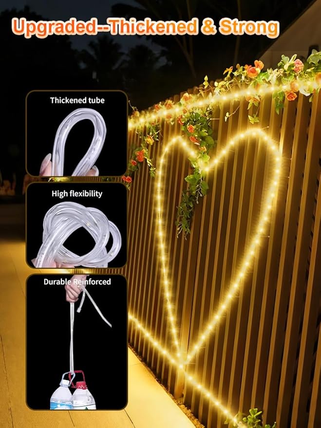 Larger Tube Solar Rope Lights 200LEDs Waterproof,Rechargeable Battery,Dual Charging,39FT Outdoor String Light,Remote-Control,for Pathway Patio Garden Palm Tree Christmas (Brighter - Warm White)