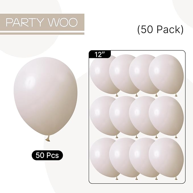 PartyWoo White Sand Balloons 50 pcs 12 Inch Beige Cream Ivory Latex Balloons for Wedding Bridal Graduation Baby Shower Gender Reveal Safari Birthday Party Decorations White-F12