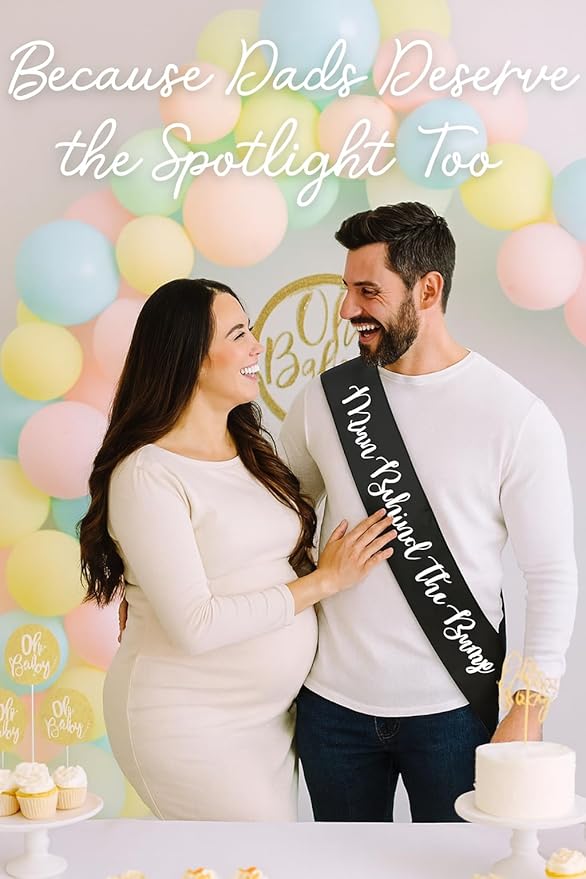 "Man Behind The Bump" Funny Baby Shower Sash for Daddy to Be, Baby Shower Party Decorations Gifts Supplies Dad to Be Baby Gender Reveal Ideas New Father Favors (Black and White)