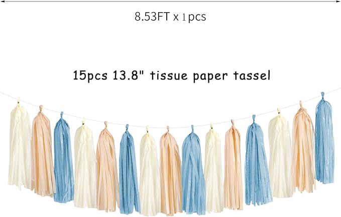 Dusty-Blue Baby-Shower Party-Decorations Tassel-Garland - 15pcs Neutral Boho Birthday Wedding Bridal Tassels, Beige Champagne Banner Streamers, Engagement Bachelorette Decor Panduola