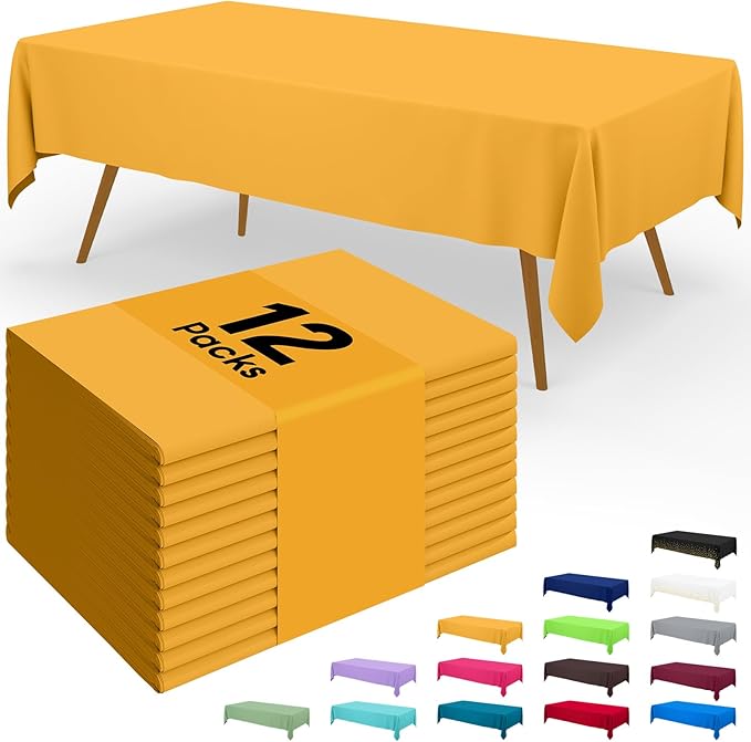 Smiry Disposable Table Cloth - 12 Pack, 54 x 108 Inch Waterproof Rectangle Tablecloths for Parties, Decorative Plastic Table Cover, Leakproof & Sturdy, Mustard Yellow