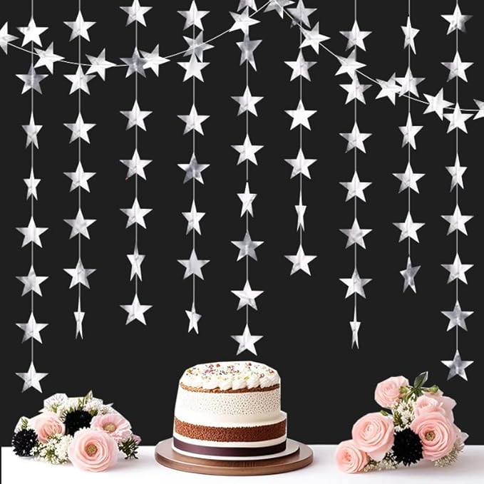 Silver Shining Star Hanging Garland Silver Hanging Sparkling Star Streamer Glitter Bunting Banner Twinkle Backdrop for Wedding Baby Shower Birthday Christmas Decorations 40 Feet