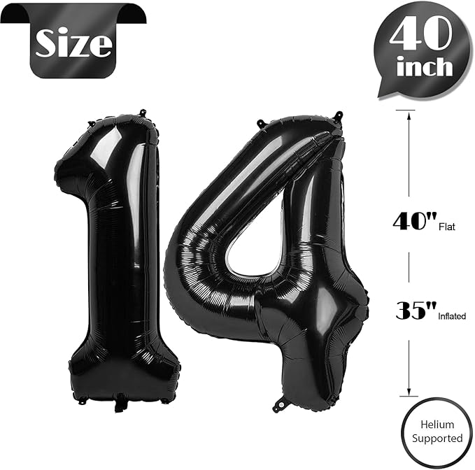 Black Number 14 Balloon 40 inch, 14 Number Balloons, 14th Black Birthday Decorations, 14 Year Old Girls Boys Party Supplies