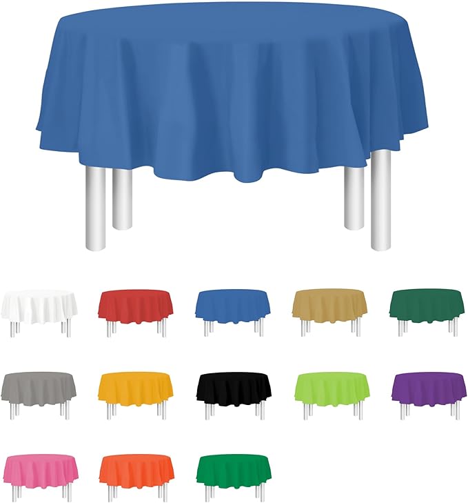Blue Disposable Plastic Tablecloth for Round Tables (36 Pack) Table Cloths for Parties, Events & Weddings, Indoors & Outdoors, 84 inches, Plastic Table Cover