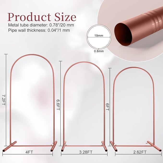 Metal Arch Backdrop Stand Set of 3, Heavy-Duty Balloons Arch Frame for Wedding Ceremony, Party, Baby Shower, Birthday Decorations (Rose Gold, 7.2ft+6.6ft+6ft)