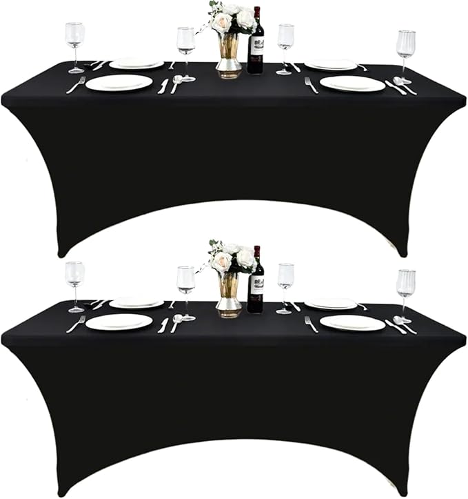 2-Pack 6ft Black Spandex Table Covers for Rectangle Standard Folding Tables - Wrinkle Resistant Stretch Tablecloths - Ultimate Fitted Table Protector for Parties, Trade Shows, Banquet