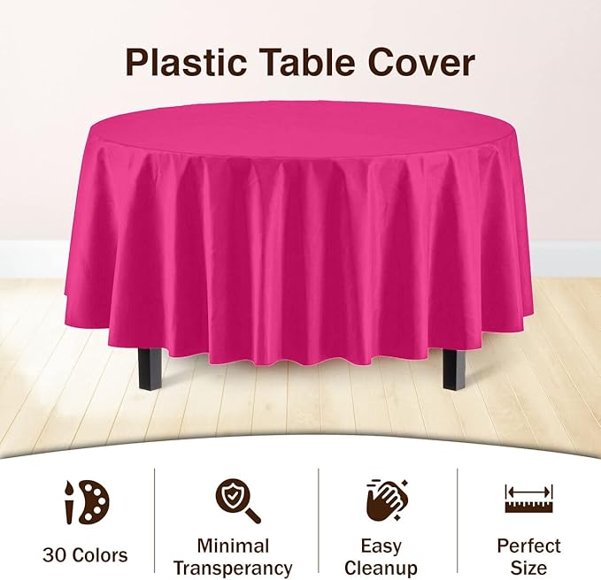 Exquisite Party Solids 6-Pack Premium Plastic Tablecloth 84in. Round Plastic Table Cover - Cerise