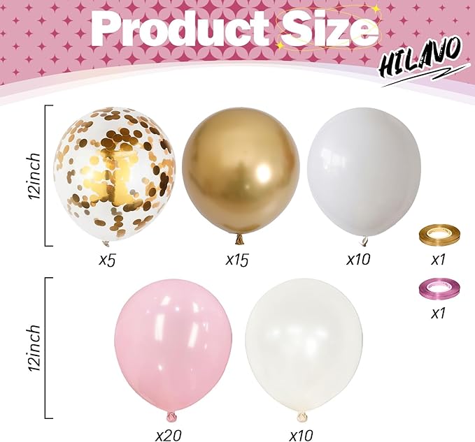 Pink Gold Balloons Set, 60Pcs 12 Inch Pastal Baby Pink Metallic Gold White Balloon with Gold Confetti Latex Balloons for Girls Women Birthday Wedding Baby Bridal Shower Party Decorations Supplies