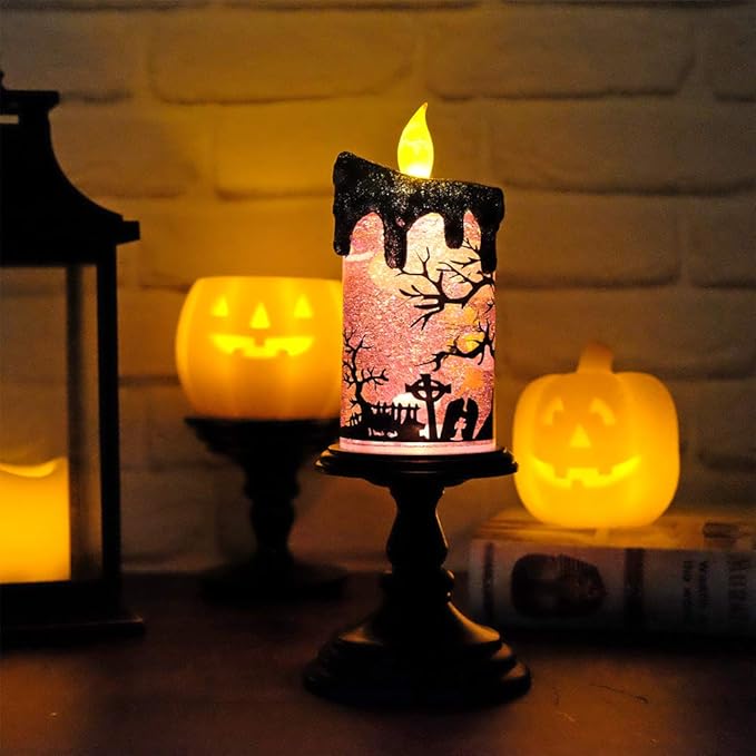Eldnacele Halloween Snow Globe Candles Lighted Lamp, Battery Operated Spinning Water Glittering Tornado Flameless Candles Table Centerpiece for Halloween Decoration Indoor(Ghost)