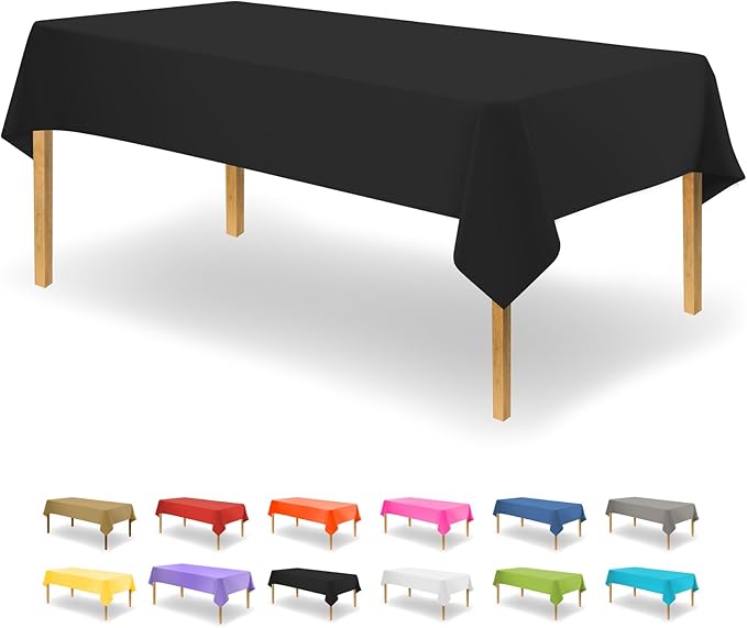 Party Dimensions Black Tablecloth Disposable Plastic Table Cover for Rectangle Tables (12 Pack) Premium Plastic Table Cloths for Parties, Events & Weddings, Indoors/Outdoors, 54"x108"