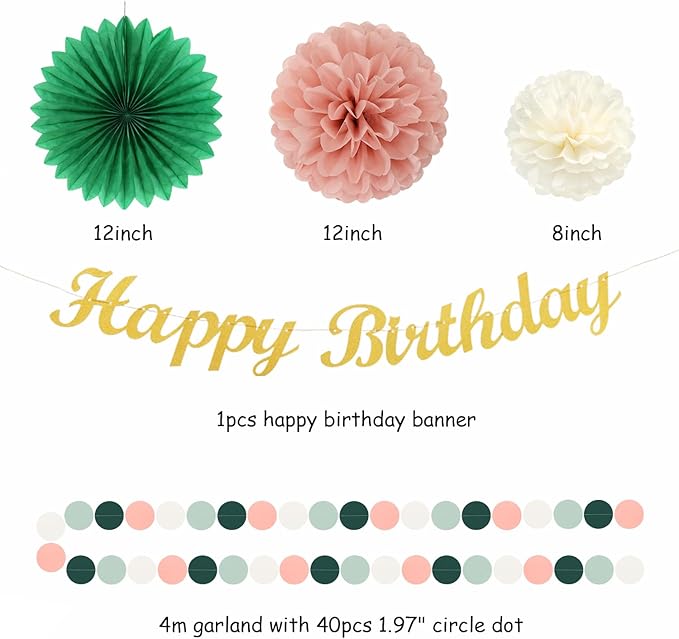 Sage-Green Pink Birthday Party-Decorations Paper-Flowers - 14pcs Happy Banner Spring Lanterns Tissue Pom Poms,Boho Streamers Garland Fans,Neutral Rustic Garden Office Hanging Supplies Decor Hugfond