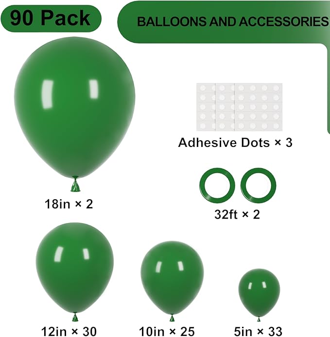 90pack Dark Green Balloons Different Size 18/12/10/5 Inch Green Balloon Garland Arch Kit for Birthday, Graduation, St. Patrick's Day, Christmas, Baby Shower, Dinosaur Party Decorations