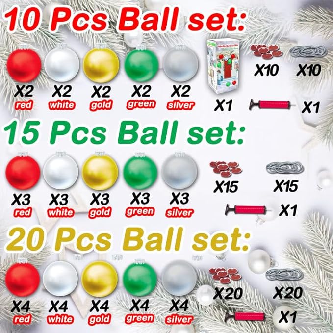 20 PCS Outdoor Christmas Decorations, 11 Inch Large Inflatable Balls, Ornaments for Front Door Yard, With Pump for New Year Festive (Red, Green, White, Gold, Silver)