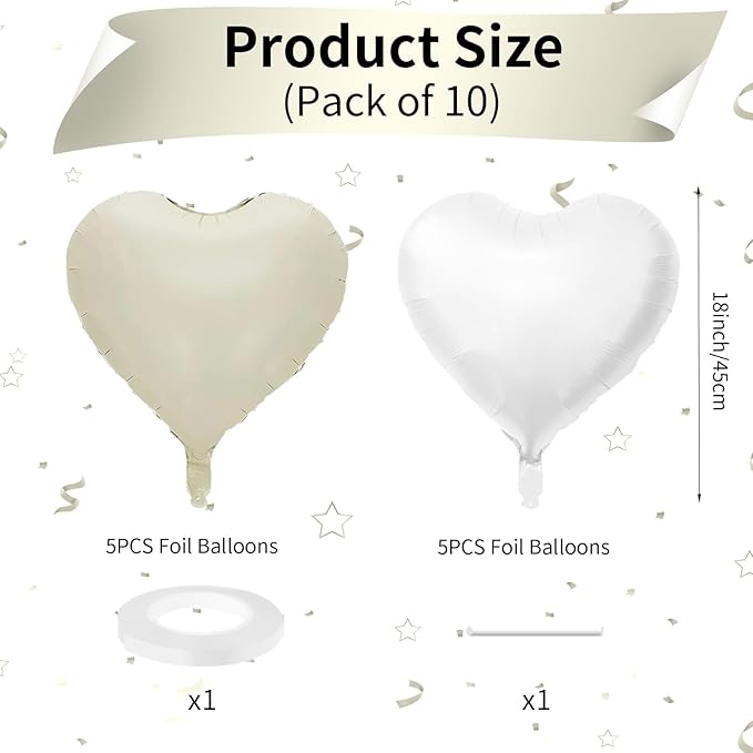 Biapian Cream Heart Balloons, 18 Inch Sand White Heart Shape Balloons Foil, 10 Pcs Beige Heart Balloons and White Foil Balloons Helium for Valentines Day Boho Birthday Wedding Baby Shower Decorations