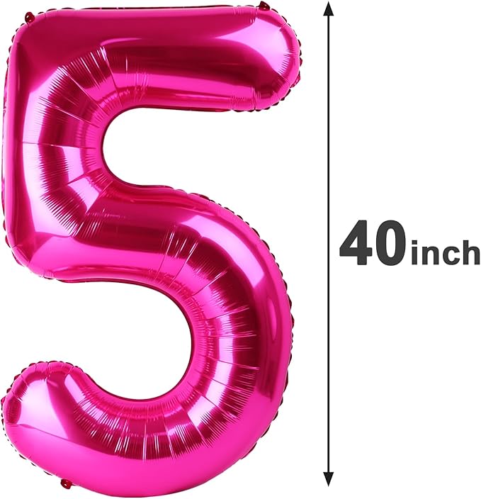 Hot Pink 40 Inch Large Number 5 Birthday Balloon, 2025 Five 5th 15 25 35 50 55 Birthday Celebration Decorations, Foil 5 Mylar Helium Number 5 Balloons Girl Boy Anniversary Party Supplies