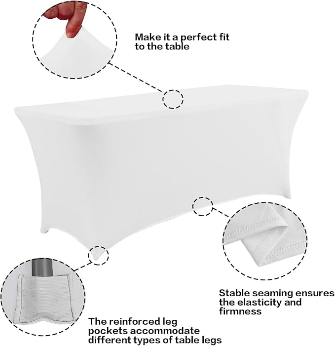 IVAPUPU 2 Pack 6FT Table Cloth for Rectangular Fitted Events Stretch White Table Covers Washable Spandex Spring Tablecloth Protector for Party, Wedding, Cocktail, Banquet, Festival