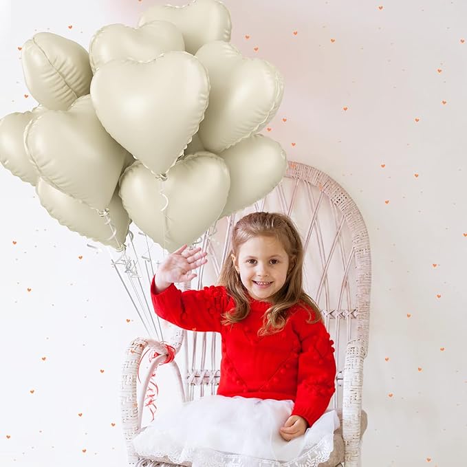 Cream Heart Balloons, 10PCS Cream White Foil Heart Shape Balloons, 18inch Beige Foil Valentine Balloons for Helium Nude Neutral Love Balloon for Valentines Day, White Wedding, Brithday Decorations