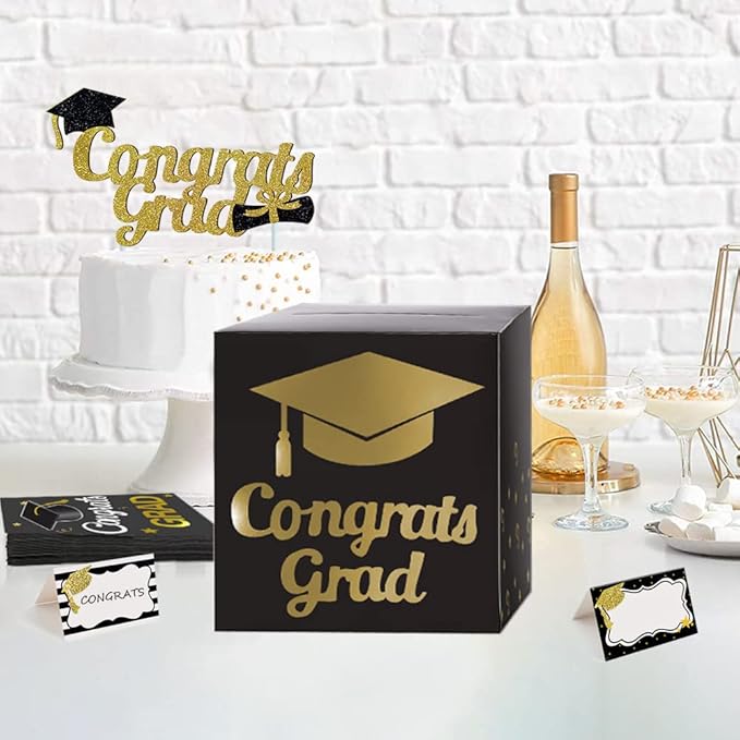 Graduation Card Box Holder, Congrats Grad Foldable Cardboard Decorations Box for Graduation Party Decoration and Grad Parties (Black)