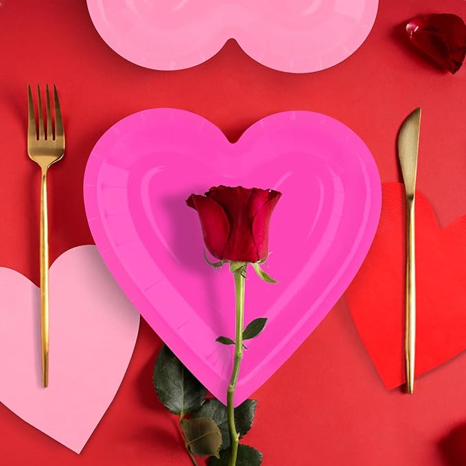 Valentine's Day Party Supplies Set for 48 Guests - Romantic Heart-Shaped Disposable Plates & Napkins with Love-Themed Plastic Tablecloth & Banner - Valentines Day Party Decorations