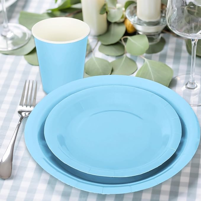 Whaline 100Pcs Light Blue Tableware Set Blue Graudation Party Supplies Summer Disposable Dinnerware Set 50Pcs Paper Plates 25Pcs Napkin 25Pcs Cups for Wedding Birthday Bride Shower Party Table Decor