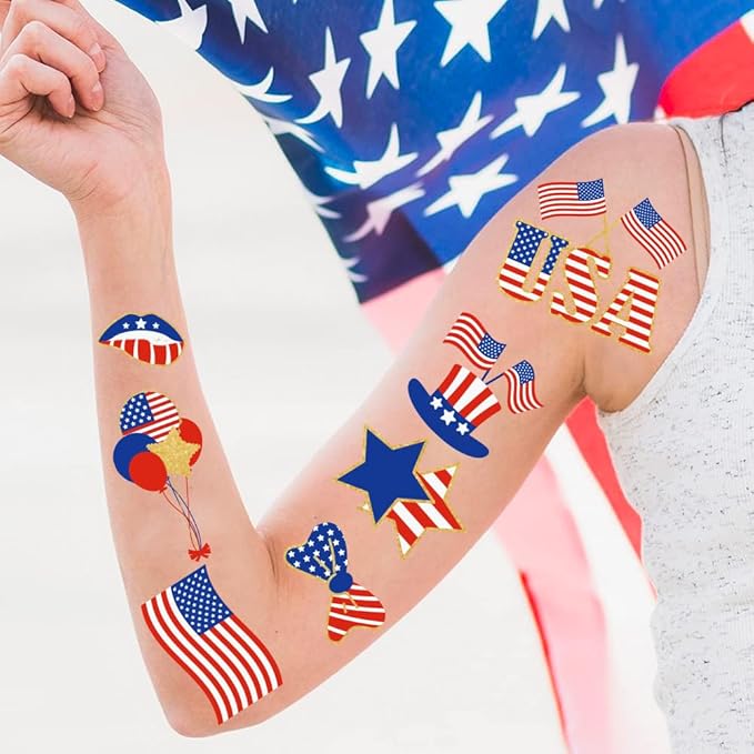 110Pcs 4th of July Temporary Tattoos, 4 Sheets Patriotic Party Face Body Decorations, USA Flag Independence Day 4th of July Temporary Tattoo Stickers for Kids Adults, Fourth of July Temporary Tattoos