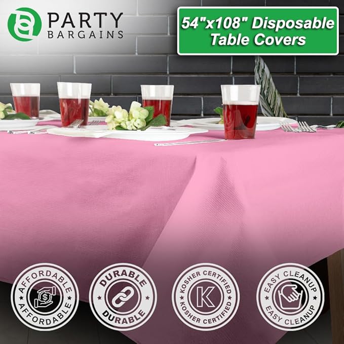 PARTY BARGAINS Disposable Table Covers, 54 x 108 Inch, Pink, 3-Ply Paper & Plastic Spill-Resistant Party Tablecloths, 1 Pack