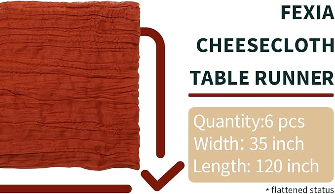 FEXIA 6 Pack Terracotta Table Runner 35x120 Inches Rust Cheesecloth Table Runner Rustic Burnt Orange Gauze for Boho Wedding Decor Reception Bridal Shower Centerpiece Engagement (Terracotta)