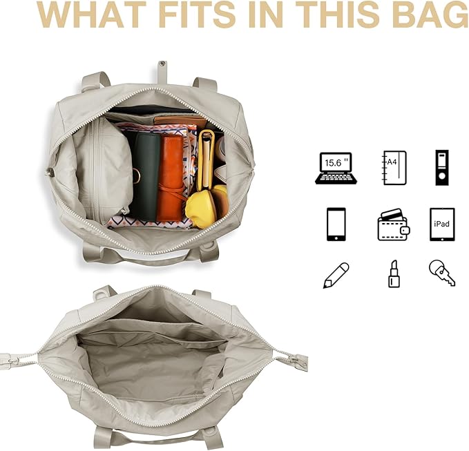 BAGSMART Gym Bag for Women, Carry on Weekender Overnight Bag, Travel Duffel Bags with Trolley Sleeve, Personal Item Travel Bag Tote Bag Workout Dance Bag, Beige-M