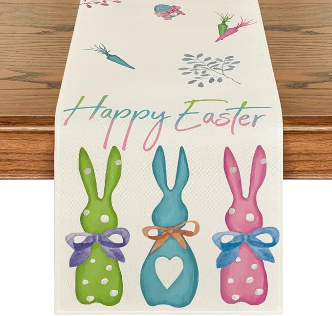Artoid Mode Green Blue Pink Rabbit Bunny Happy Easter Table Runner, Seasonal Holiday Kitchen Dining Table Decoration for Home Party Decor 13 x 60 Inch