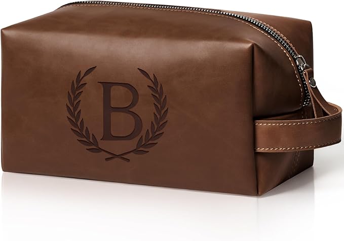 Personalized Mens Toiletry Bag Groomsmen Gifts Best Man Proposal Gifts Bachelor Party Favor, Waterproof PU Leather Shaving Bag for Toiletries Accessories Travel Essential, Reddish Brown B