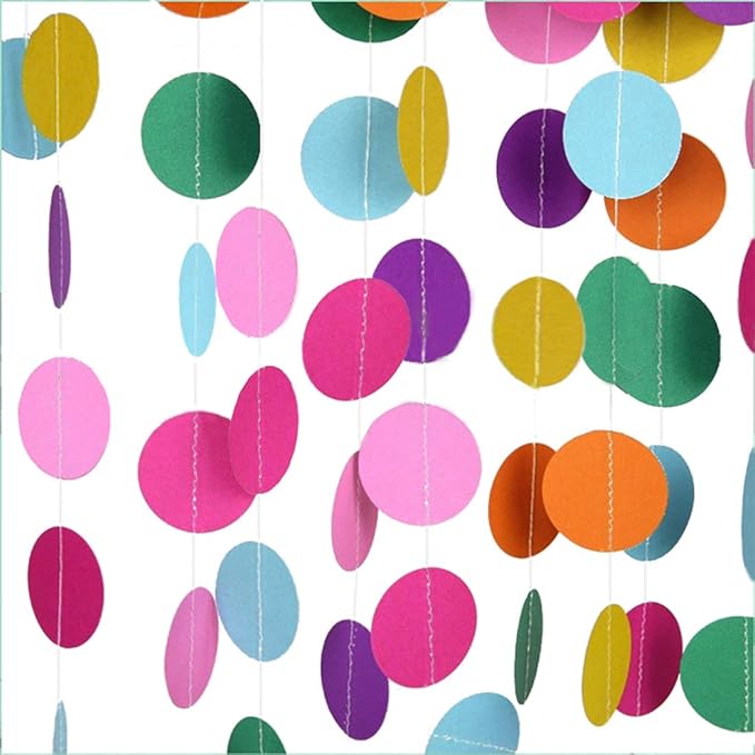 MerryNine Paper Garland 5 Pack, 65 Ft Glitter Paper Garland Circle Dots Hanging Decor, Banner for Baby Shower, Birthday, Nursery Party Decor (Colorful)