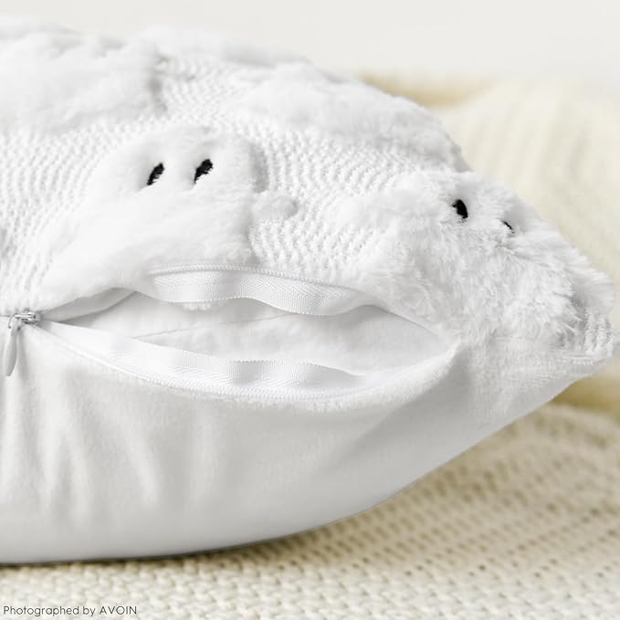 AVOIN colorlife Halloween Ghost White Throw Pillow Cover Set of 2, 12 x 20 Inch Soft Plush Faux Fur Jacquard Spooky Cushion Case Decoration for Sofa Couch