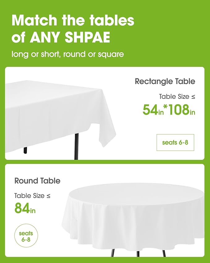 Pureegg Plastic Table Cloth Disposable 6 Pack, 84'' Round Table Cloths, Party, Picnic, Wedding, Decorative Tablecloths, Round, White Plastic Cover, Waterproof, White