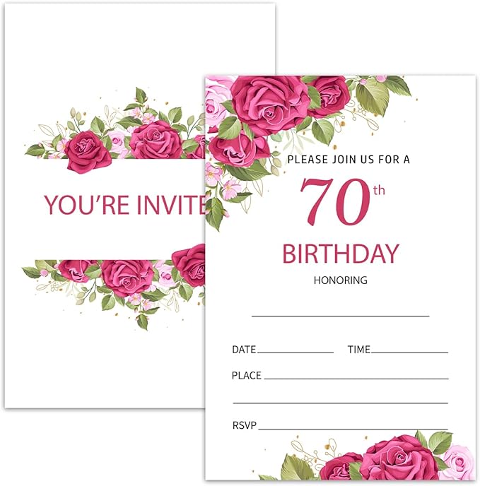 70th Rose Floral Birthday Invitation Cards for Women Men, 70 Years Old Birthday Invites for Adult, Party Supplies Favors, 20 Cards With 20 Envelopes -09