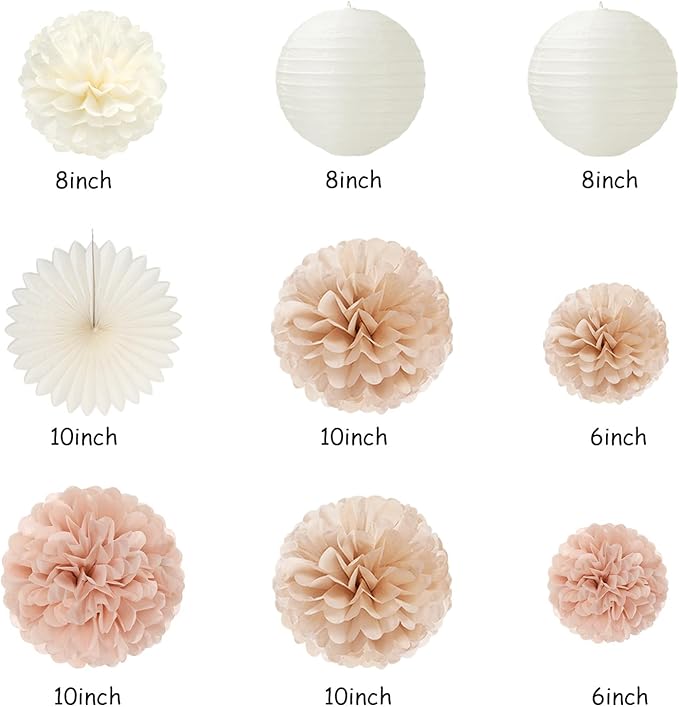 Champagne Rose-Gold Beige Birthday Party-Decorations - 14pcs Happy Banner Boho Lanterns Tissue Pom Poms,Rustic Streamers Garland Fans,Neutral One Sweet Peach Girls Women Hanging Supplies Decor Hugfond