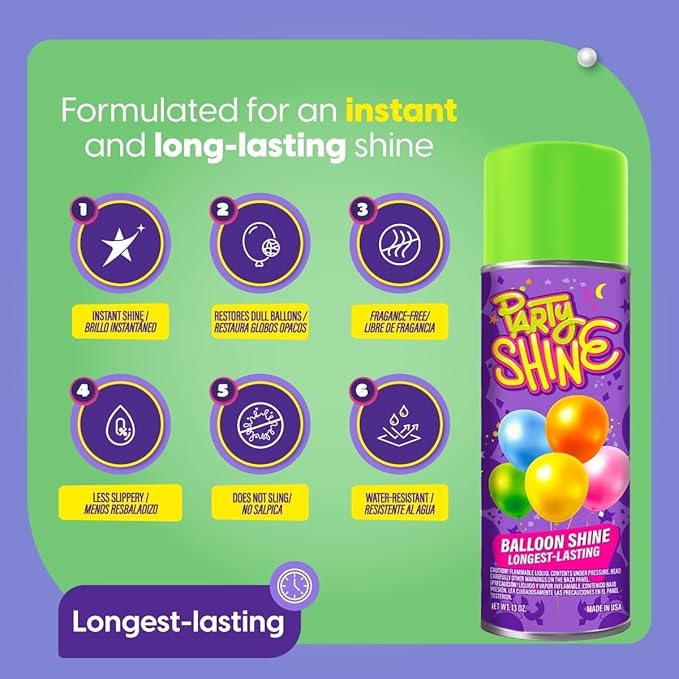 Party Shine Balloon Shine Spray, Silicone Spray for Latex Balloons, Balloon Spray Shine, Waterproof, Fragrance-free and Less Slippery Formula, Perfect for Balloon Décor, Parties, Events, 13oz (1 Pack)