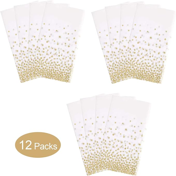 Gexolenu 12 Pack White Plastic Tablecloth for Birthday Party, Gold Dot Confetti Pattern Table Covers for Rectangle Tables, Fit for All Party, Thanksgiving Christmas Wedding, Anniversary,54" x 108"