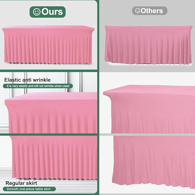 Table Skirt for 4 Foot Tables - One-Piece Pink Tablecloths and Skirt, Wrinkle Resistant Ruffles Elastic Cover for Banquets, Weddings, Events, Parties