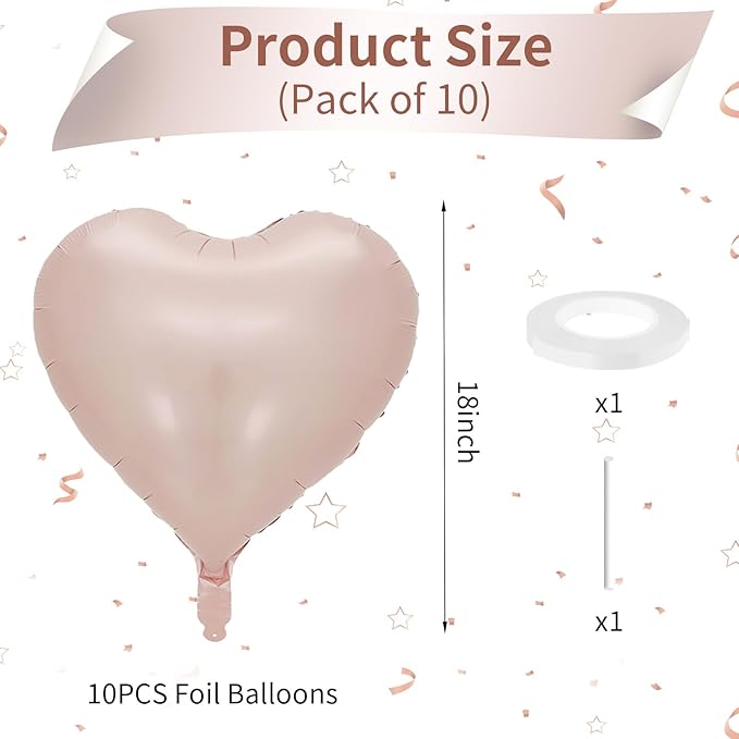 Baby Pink Heart Balloon, 10PCS Pink Foil Heart Balloons, 18inch Pastel Pink Heart Shape Balloons Helium Birthday Party Decorations for Girls Brithday Party, Baby Shower, Valentines Day, Princess Party