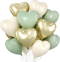 Sage Green Gold Heart Balloons, 10 Pcs Light Gold Cream Heart Shaped Balloon, 18 Inch Olive Green Sand White Foil Balloons for Jungle Safari Brithday Baby Shower Wedding Valentines Party Decoration
