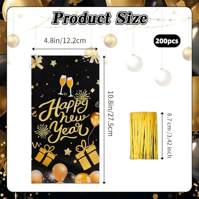 Happy New Year Cellophane Treat Bags, 200 PCS New Years Candy Goodie Gift Bags for Party Favors, Black Gold Plastic Cookie Snack Bag with Twist Ties for 2026 NYE Eve Party Holiday Decorations Supplies