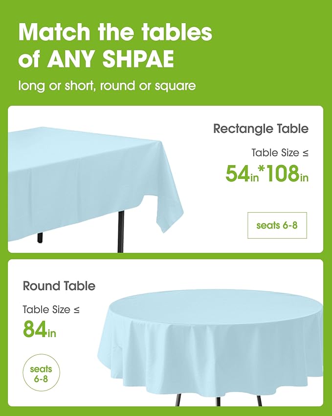 Pureegg Plastic Table Cloth Disposable 8 Pack, 84'' Round Table Cloths, Easter Party, Picnic, Wedding, Decorative Tablecloths, Round, Baby Blue Plastic Cover, Leakproof & Sturdy, Light Blue