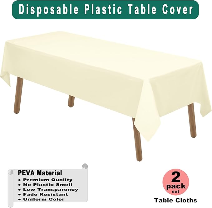 Ivory Plastic Tablecloths 2 Pack Cream Disposable Table Covers 54 x 108 Inch Bridal Shower Party Tablecovers PEVA Beige Table Cloths for BBQ Picnic Birthday Wedding Parties 8 ft Rectangle Table Use
