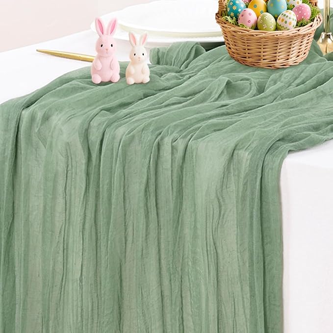 Socomi Sage Green Cheesecloth Table Runner Easter Spring Boho Rustic Farmhouse Gauze 120 inch 10FT Cheese Cloth Runner for Wedding Party Baby Shower Birthday Home Decor Holiday Decorations